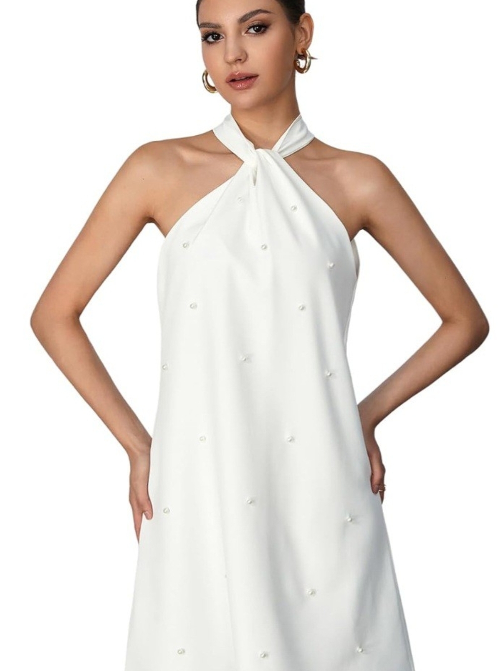 HYZ  Pearl Beaded Halter Twist Sleeveless Tie Back A Line Dress